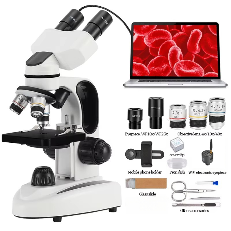 Microscope Compound 40X - 40X-1000X 배합 쌍안 현미경, 이중 LED