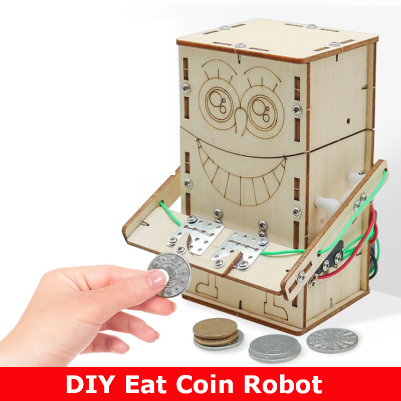 Science Diy Model - 나무 전기 구동 먹는 동전 로봇